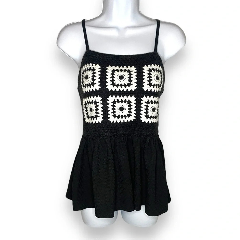 Black and White Crochet-Front Peplum Top, Size Medium - No Boundaries